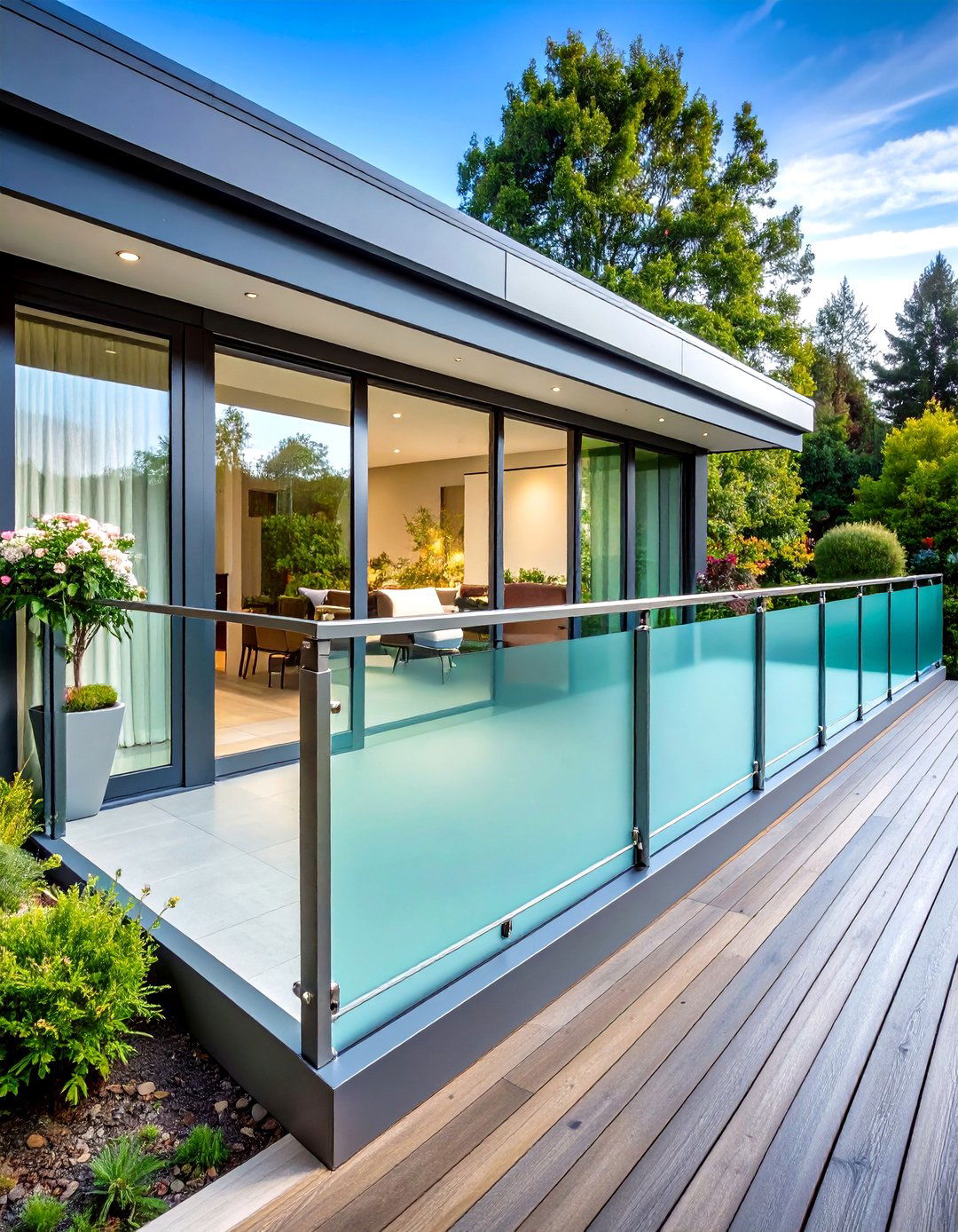 Horizontal Frosted Glass Deck Railing with Privacy Enhancement - 20 Horizontal Deck Railing Ideas