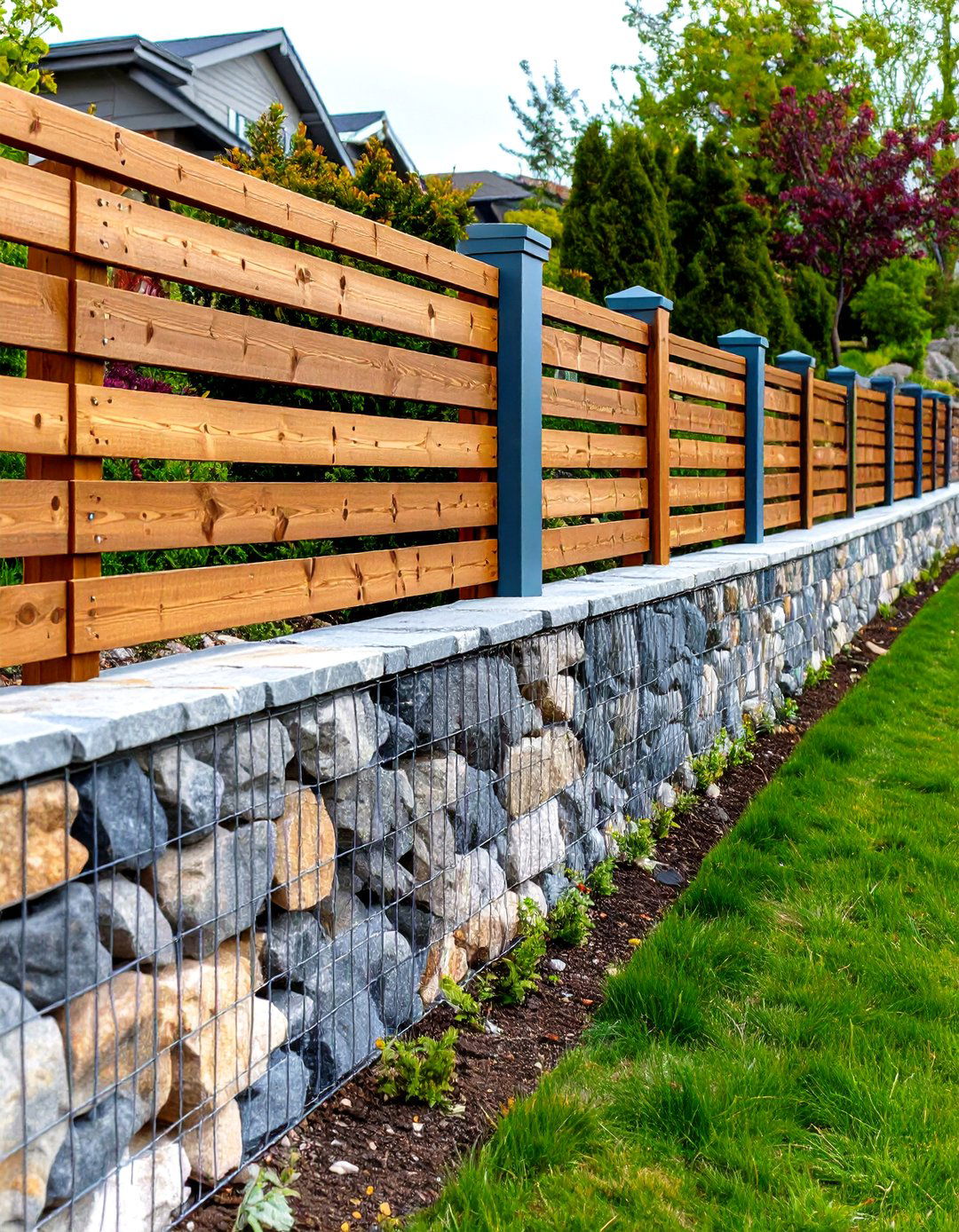Horizontal Gabion and Wood Fence Combination - 20 Horizontal Fence Ideas