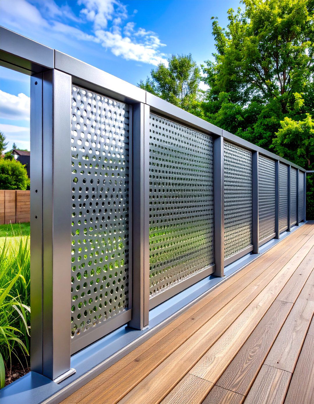 Horizontal Metal Mesh Deck Railing with Perforated Panels - 20 Horizontal Deck Railing Ideas