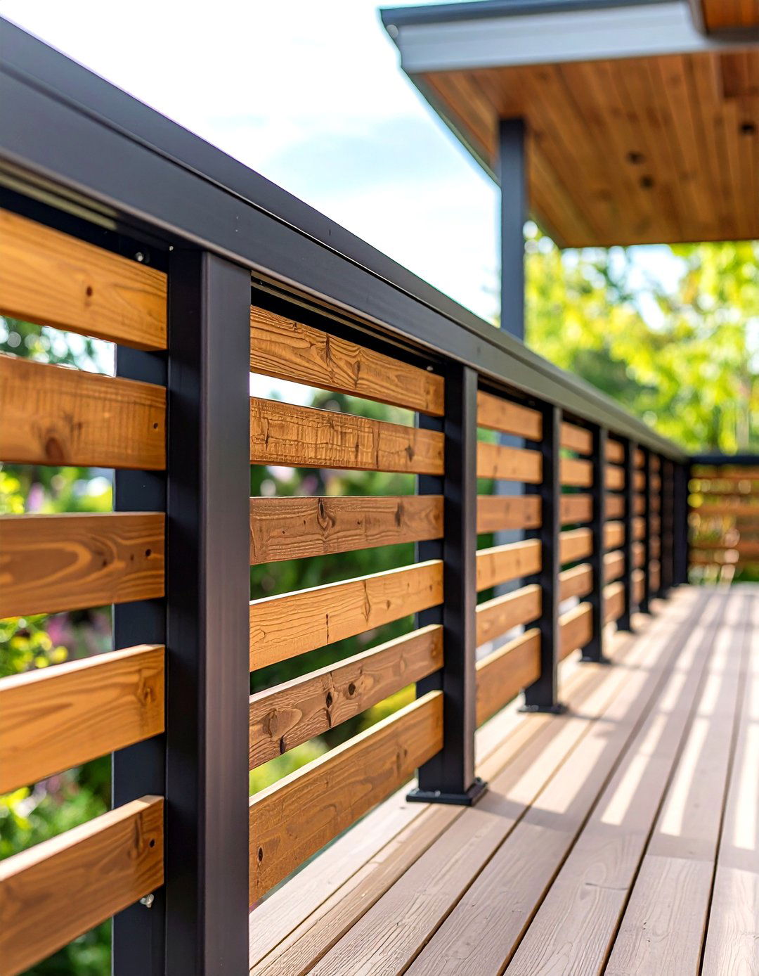 Horizontal Mixed Material Deck Railing with Wood and Metal - 20 Horizontal Deck Railing Ideas