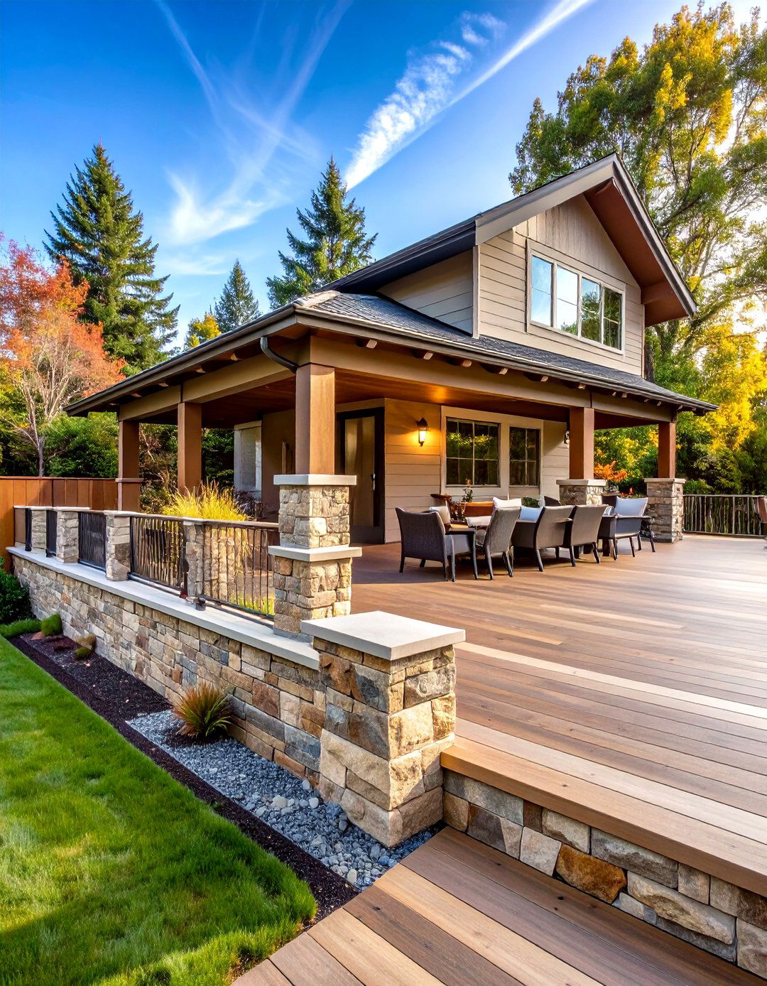 Horizontal Stone Veneer Deck Railing with Natural Texture - 20 Horizontal Deck Railing Ideas