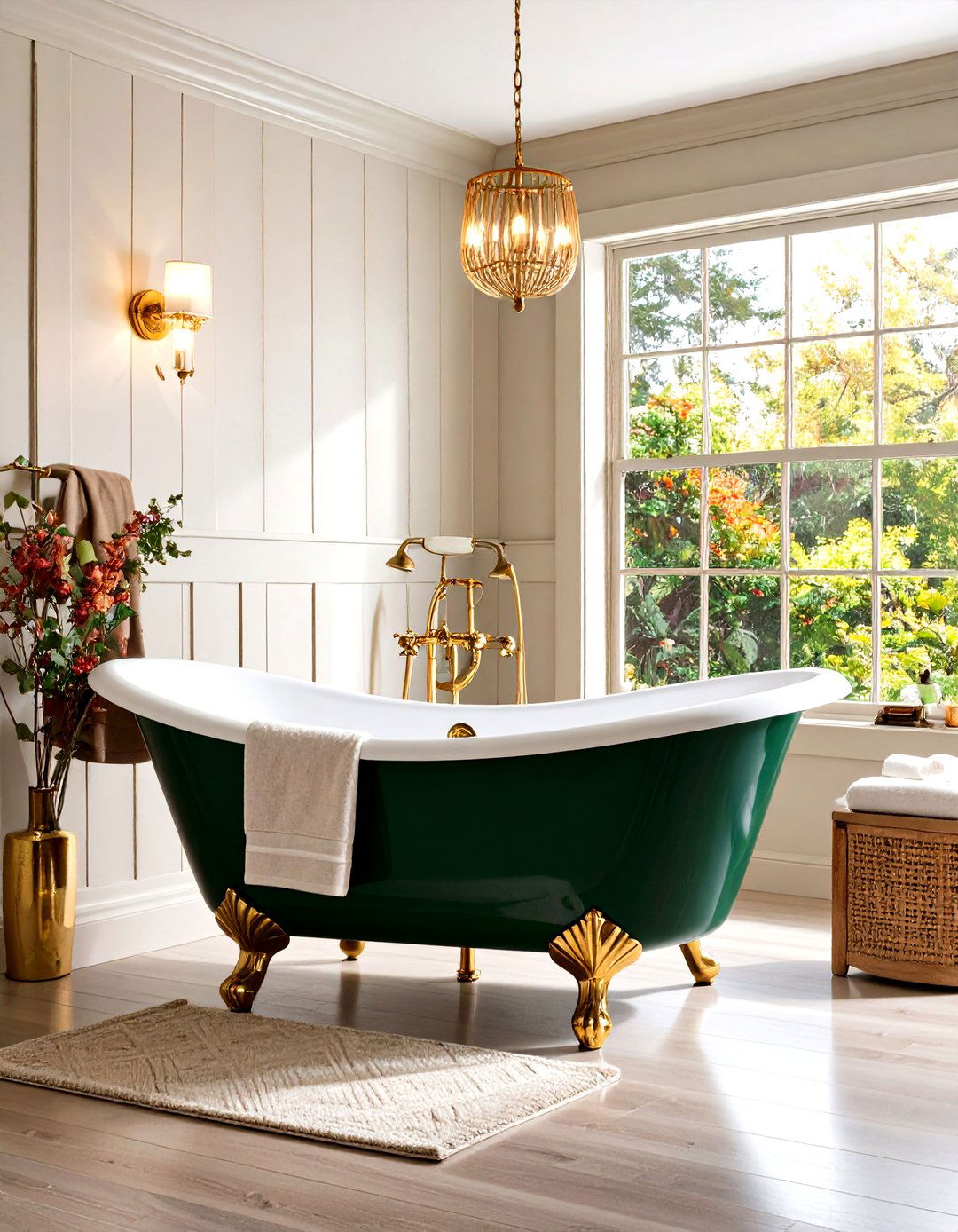 Hunter Green Clawfoot Tub Bathroom with Gold Feet - 20 Green and Gold Bathroom Ideas
