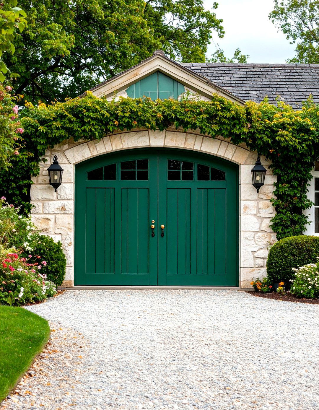 Hunter Green Garage Door Offset by Limestone Veneer - 20 Green Garage Door Ideas