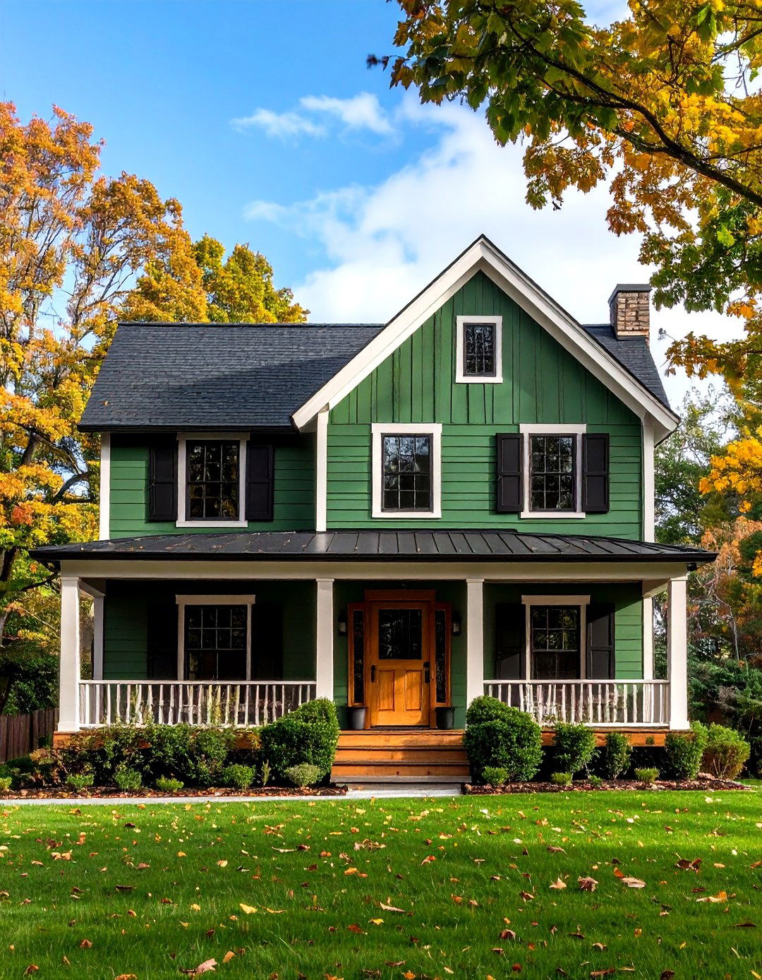 Hunter Green with Black Window Trim - 20 Farmhouse Green Exterior Home Ideas
