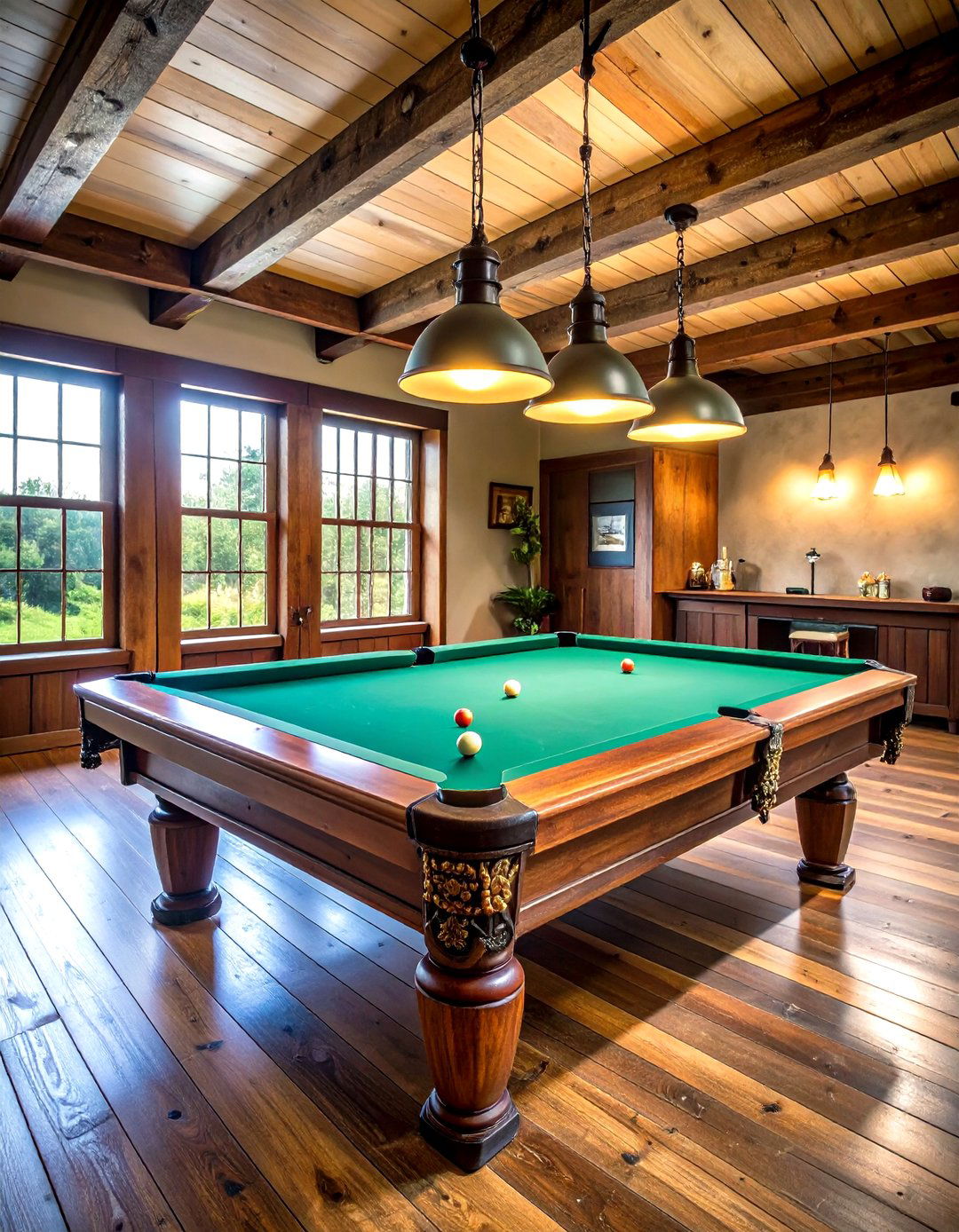 Hunting Man Cave Pool Table with Rustic Finish - 20 Hunting Man Cave Ideas