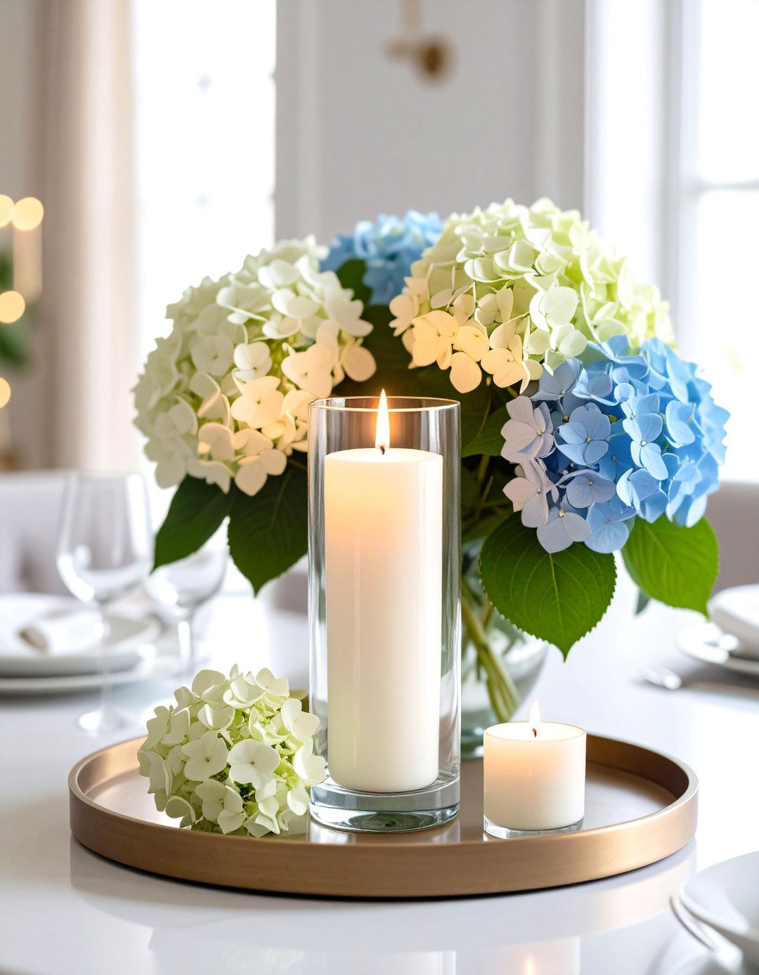 Hurricane Glass Hydrangea Candle Centerpiece - 20 Hydrangea Centerpiece Ideas