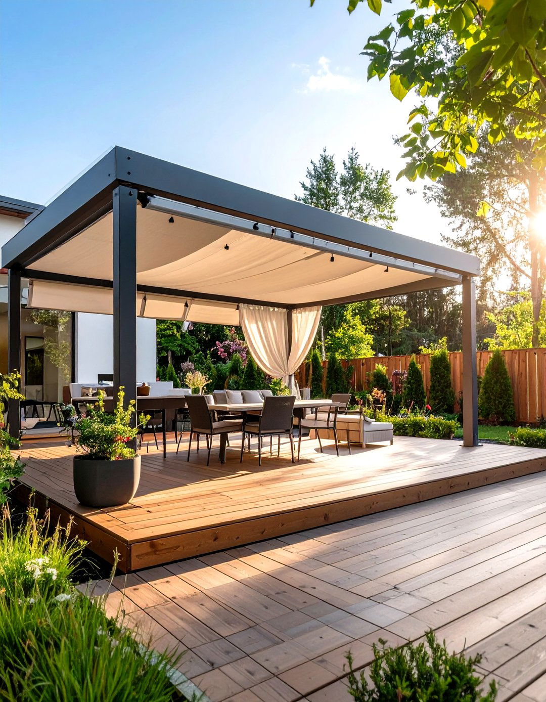 Hybrid Awning Pergola with Adjustable Fabric Panels - 20 Deck Awning Ideas