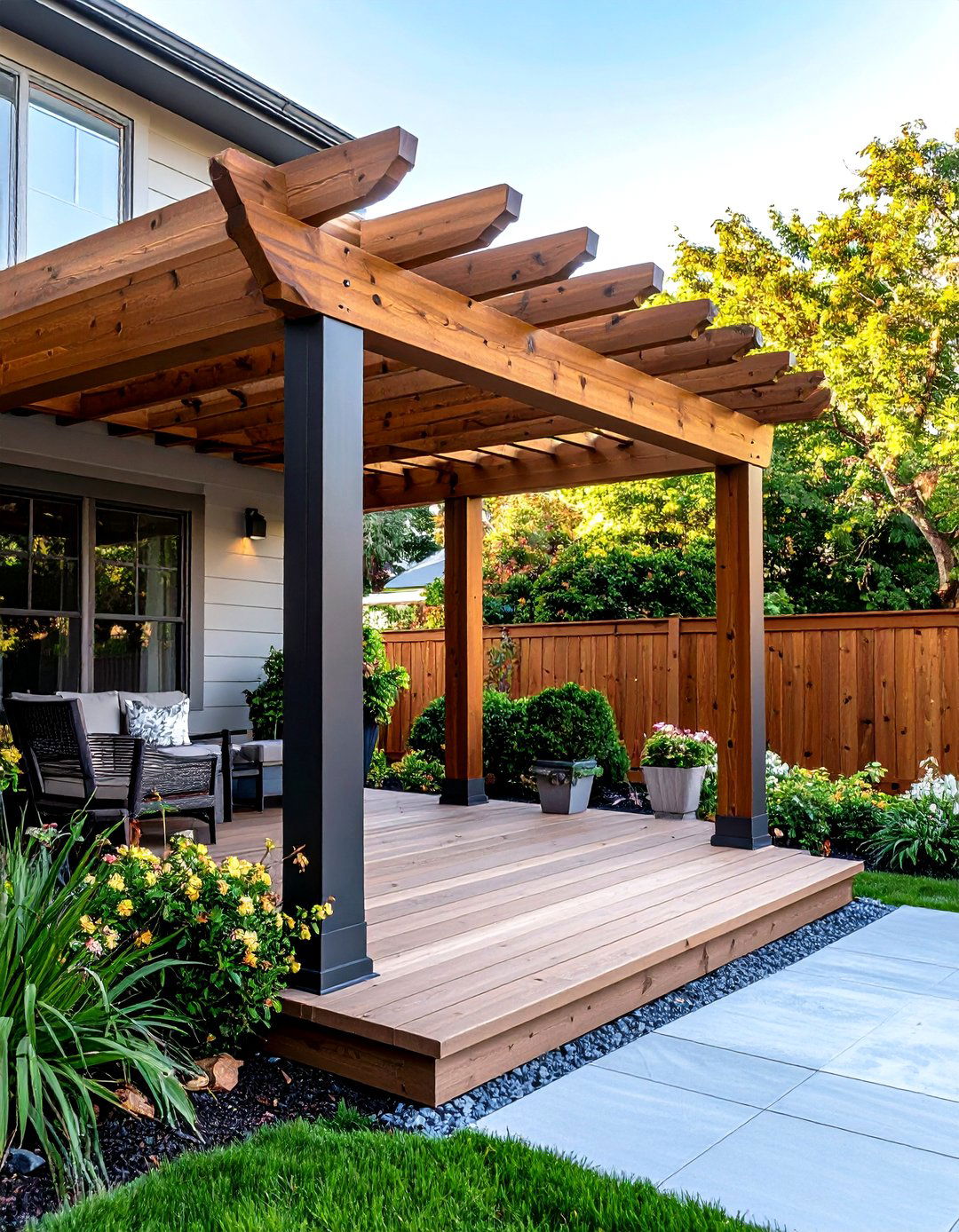 Hybrid Steel and Wood Pergola - 20 Front Porch Pergola Ideas