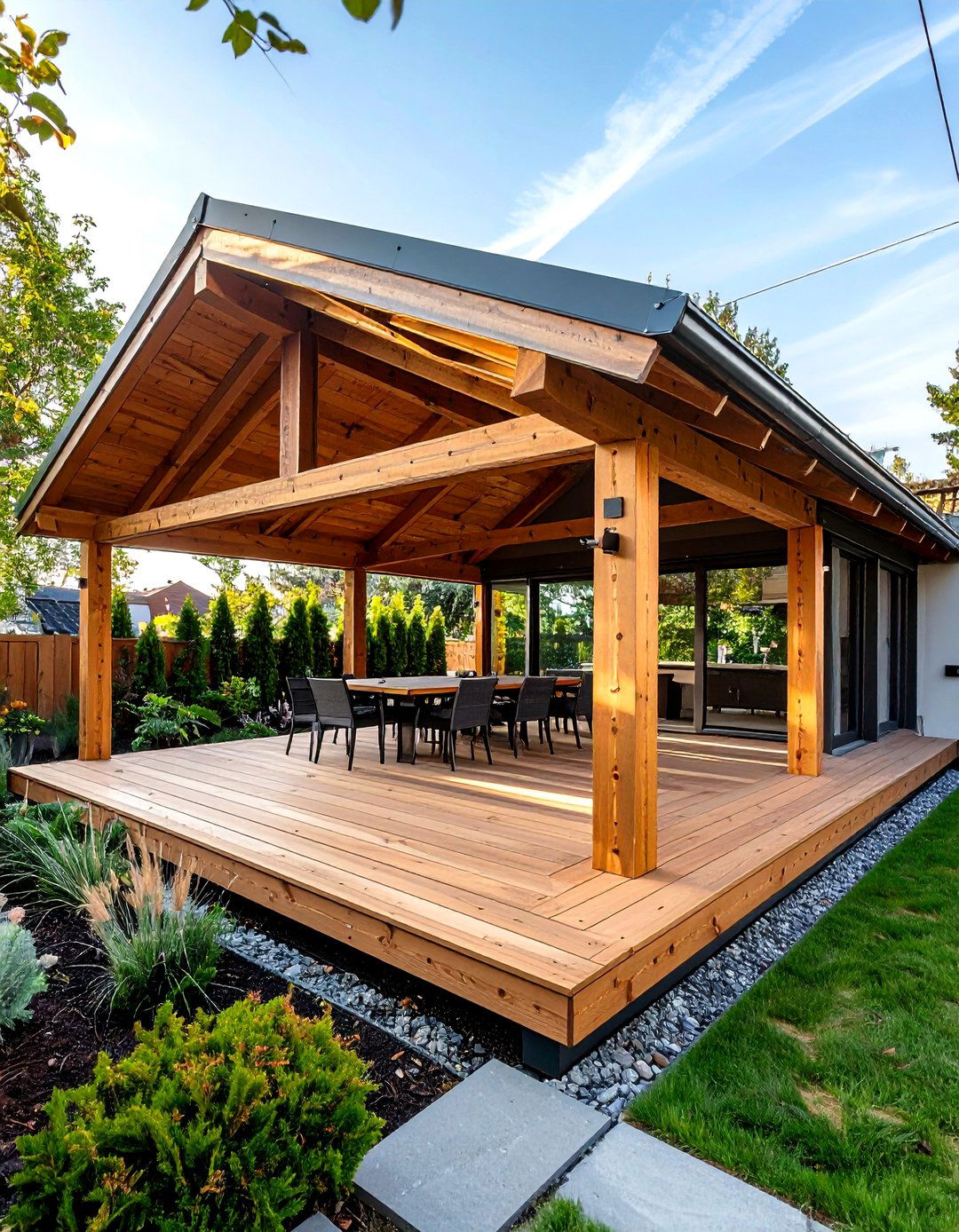 Hybrid Timber and Steel Gable Patio Roof Balances Warmth and Strength - 20 Gable Patio Roof Design Ideas