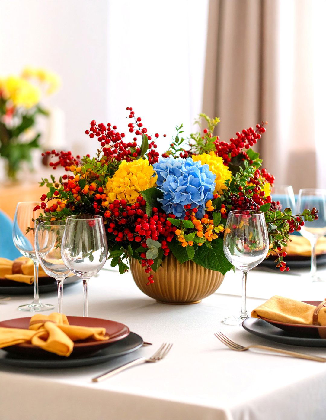 Hydrangea and Berry Seasonal Centerpiece - 20 Hydrangea Centerpiece Ideas