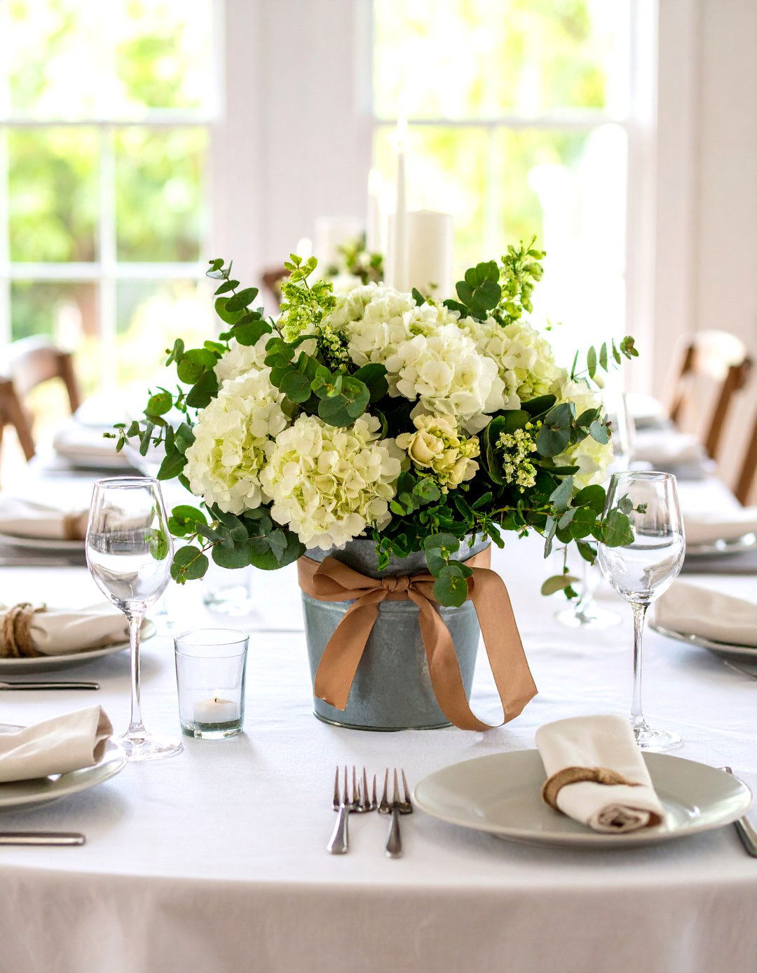 Hydrangea and Eucalyptus Farmhouse Centerpiece - 20 Hydrangea Centerpiece Ideas