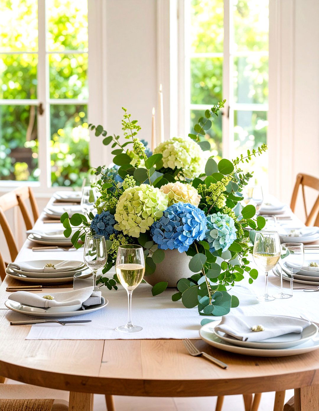 Hydrangea and Eucalyptus Greenery Centerpiece - 20 Hydrangea Centerpiece Ideas