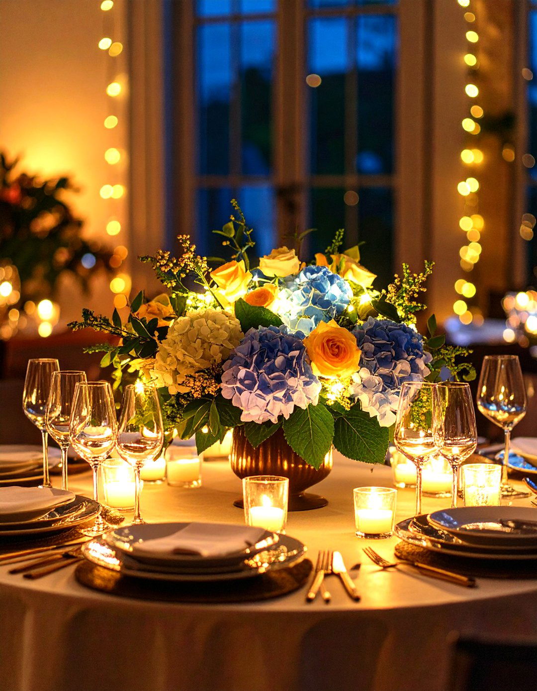 Hydrangea and Fairy Lights Illuminated Centerpiece - 20 Hydrangea Centerpiece Ideas