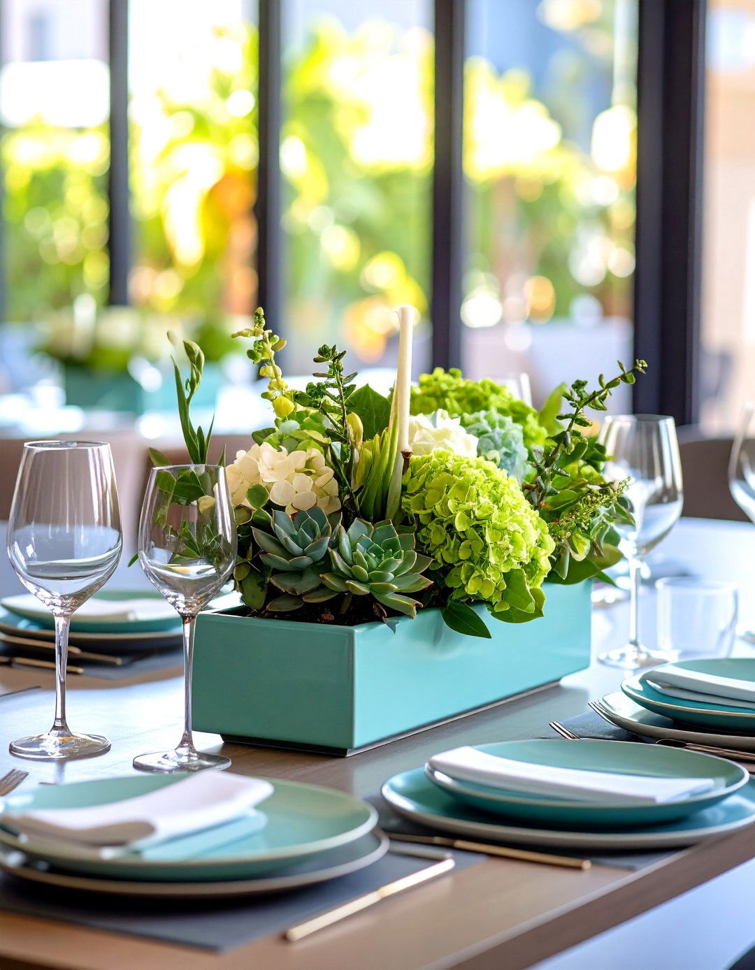 Hydrangea and Succulent Modern Centerpiece - 20 Hydrangea Centerpiece Ideas