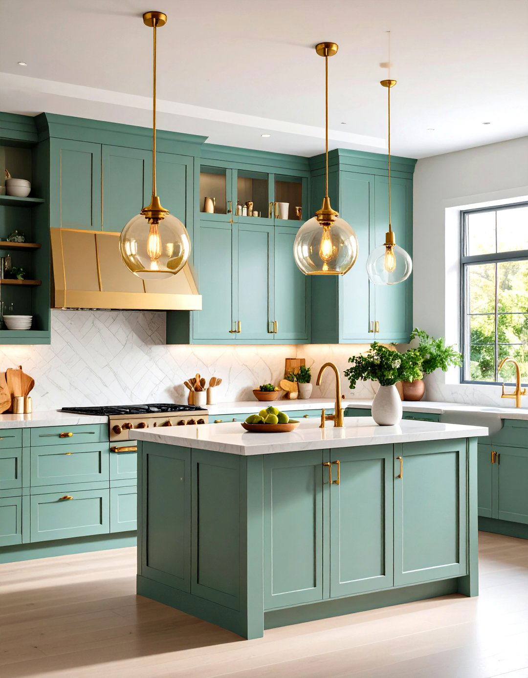 Illuminate Forest Green with Gold and Glass Lighting - 20 Forest Green Kitchen Ideas