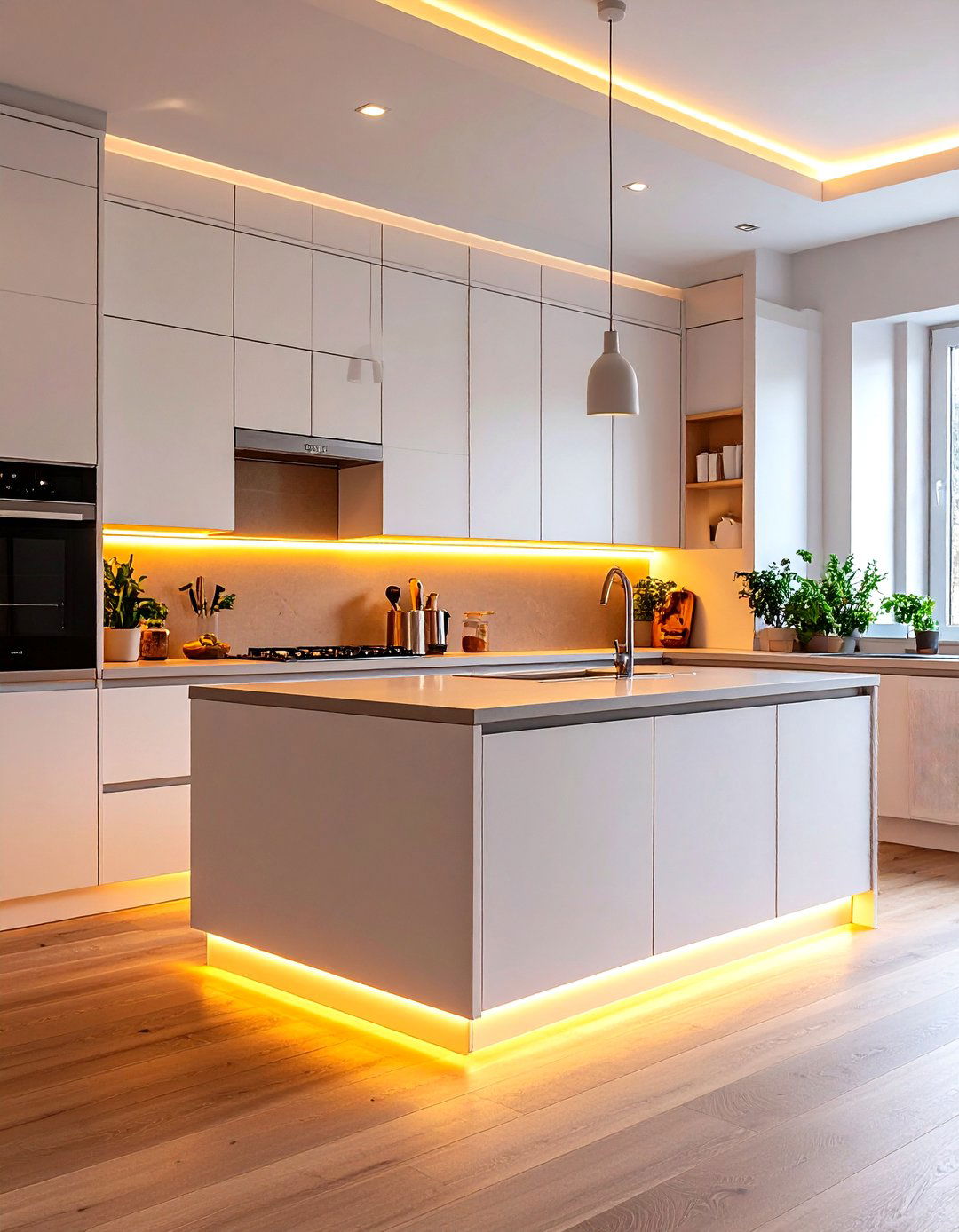 Illuminated Elegance LED Strips under Off white Cabinets - 25 Off-white Kitchen Cabinets