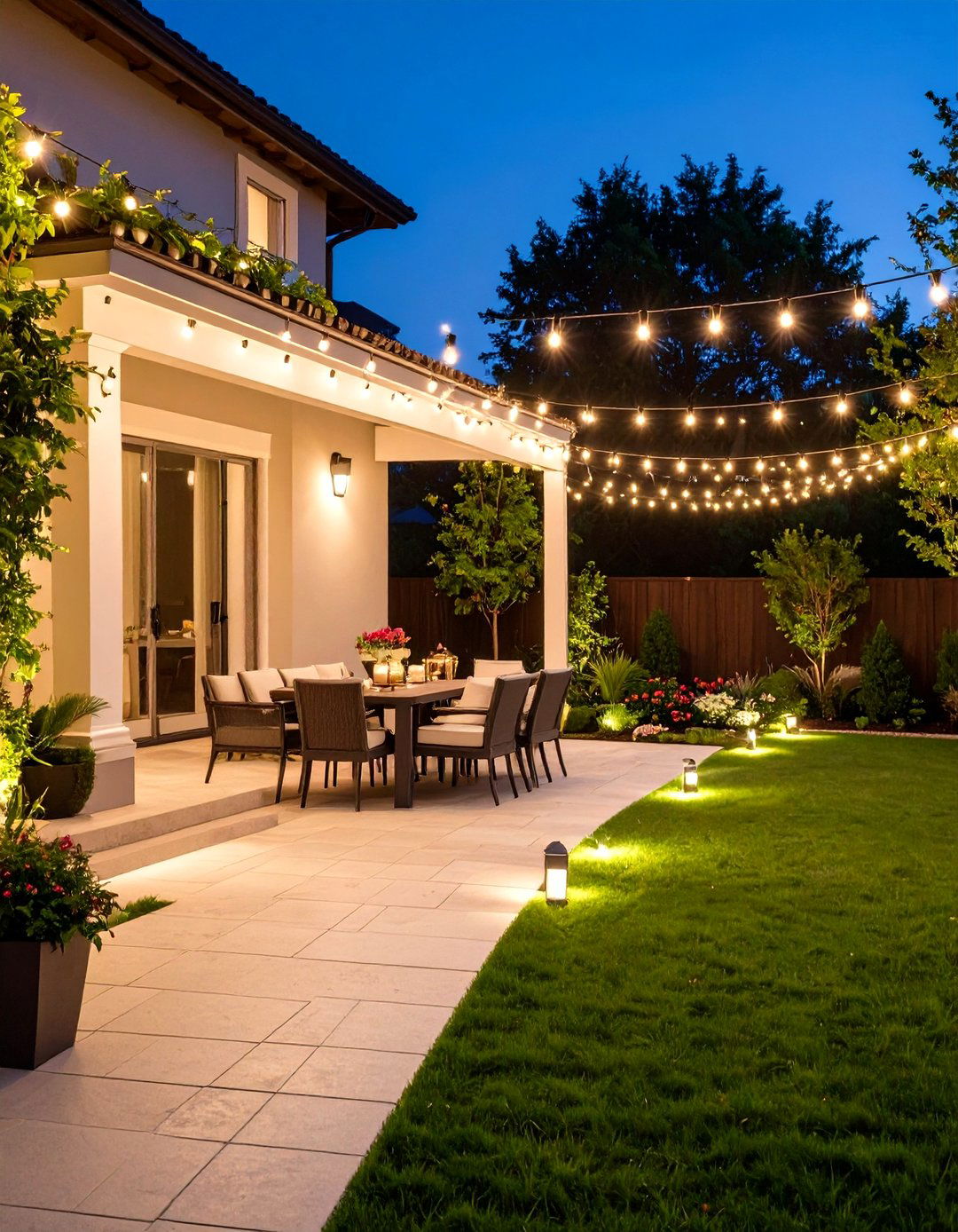 Illuminated Front Yard Patio with LED Path and String Lights - 20 Front Yard Patio Ideas