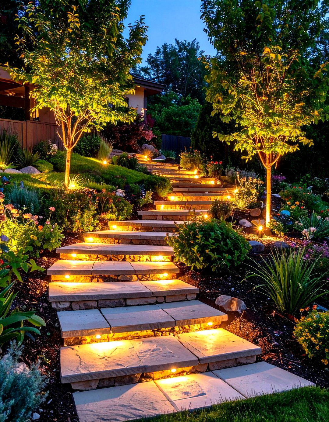 Illuminated Terraced Garden Steps Enhance Night Safety - 20 Hillside Terraced Garden Ideas