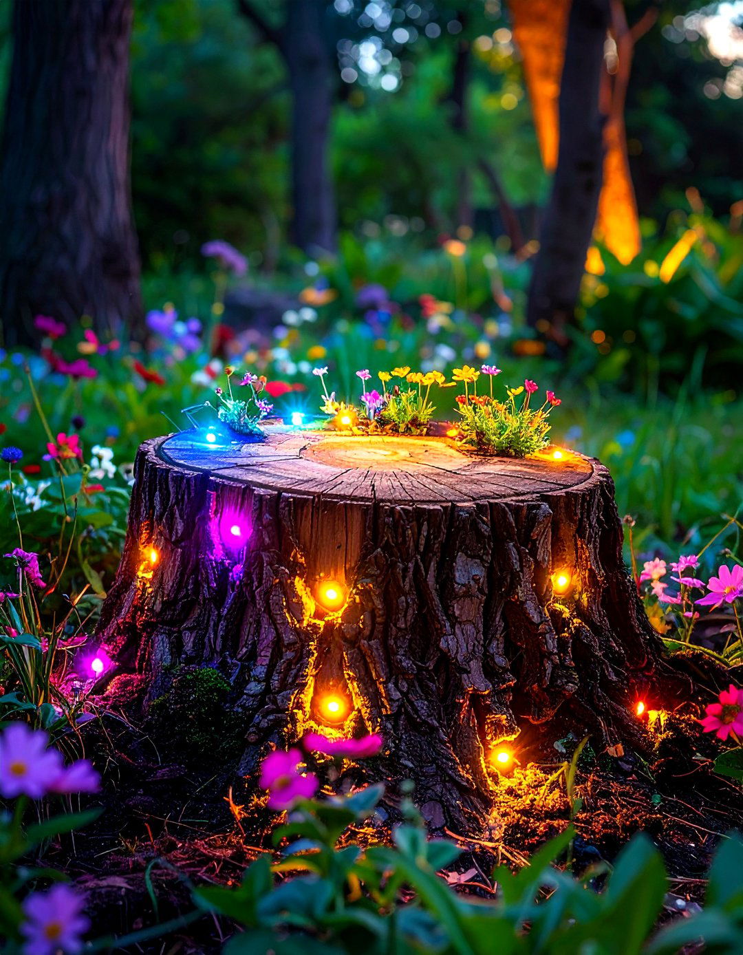 Illuminated Tree Stump Lighting Feature - 20 Tree Stump Decorating Ideas