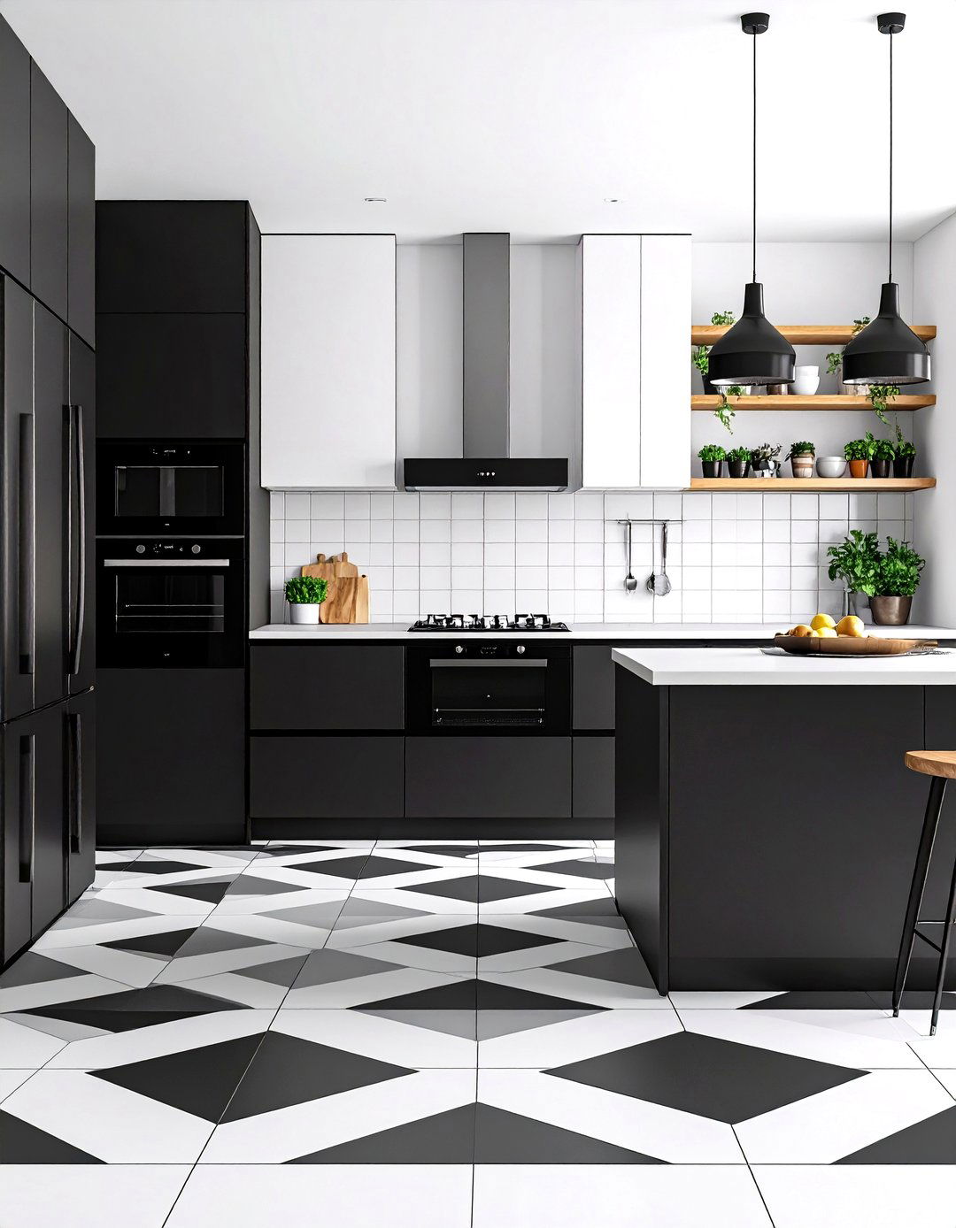Include Patterned Floor Tiles - 20 Small Kitchen with Black Appliances Ideas