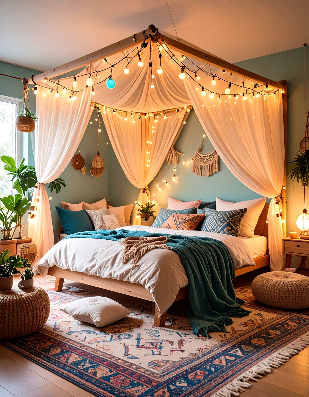 Include String Lights or Lanterns - 20 Small Boho Bedroom Ideas