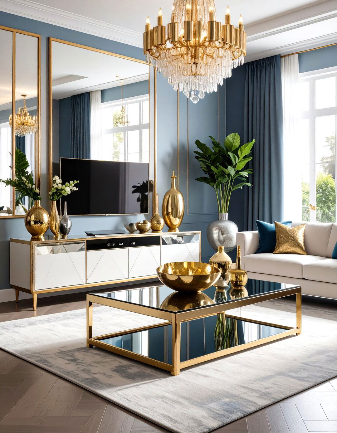 Incorporate Mirrored and Metallic Accents - 20 Tv Console Decor Ideas