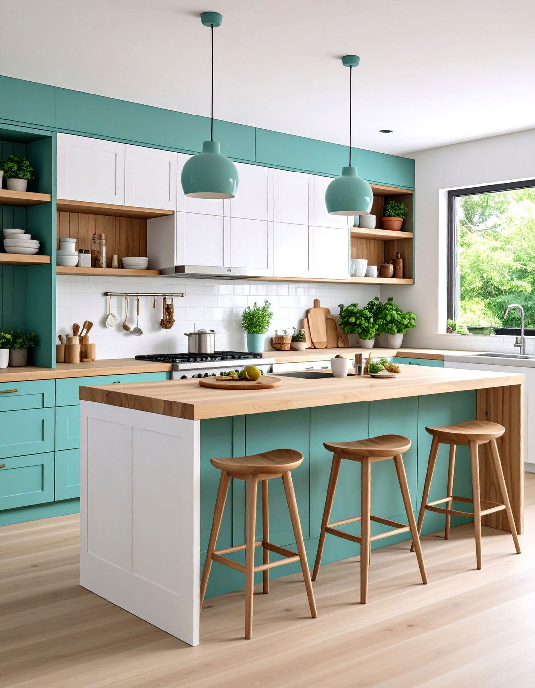Incorporate Open Shelving with Teal Accents - 20 Teal and White Kitchen Ideas