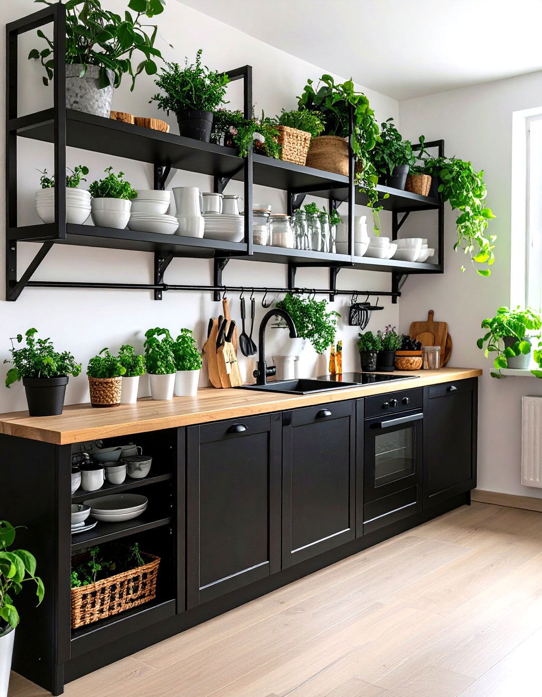 Incorporate Open Shelving - 20 Small Kitchen with Black Appliances Ideas
