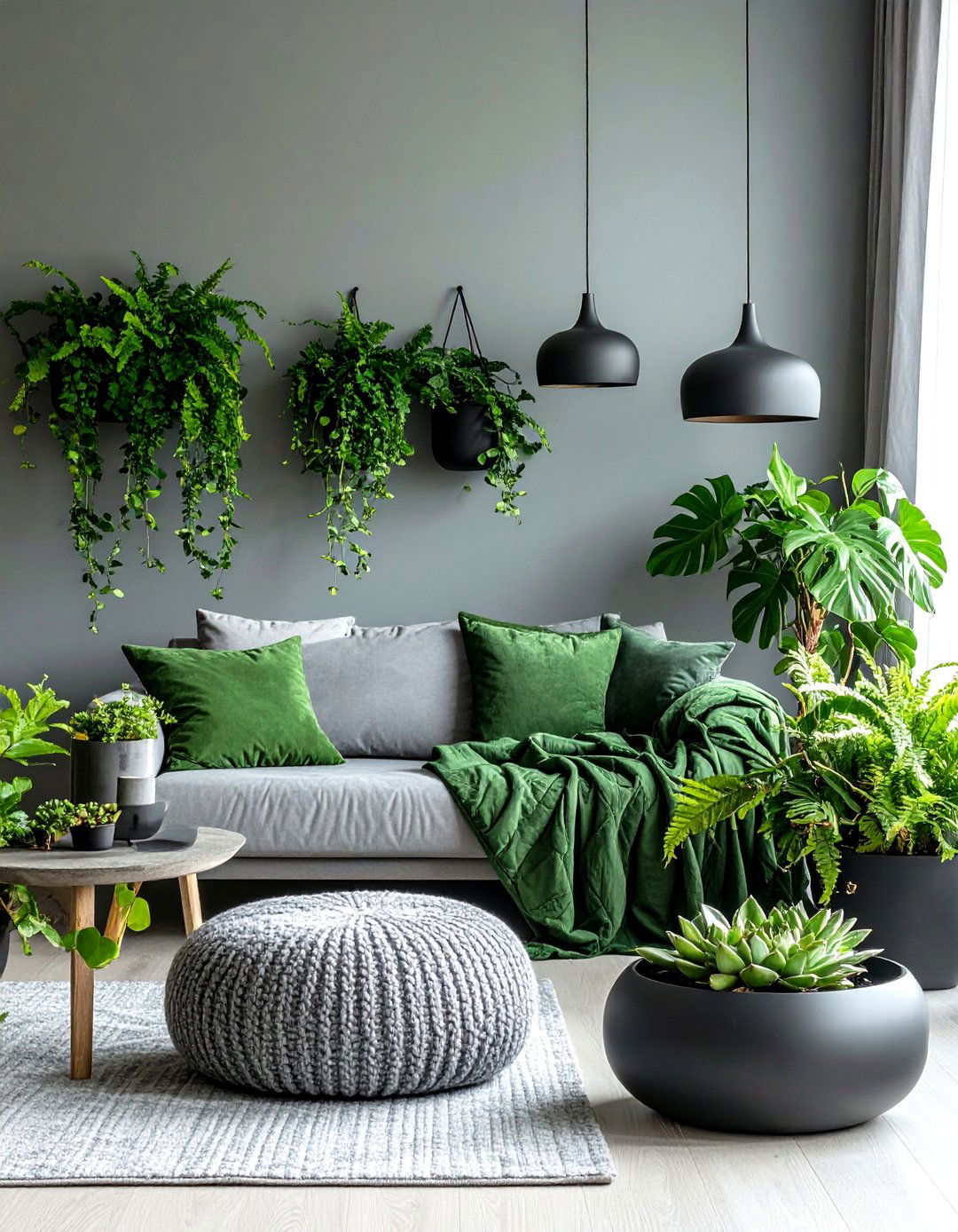 Indoor Jungle against Silver Grey Walls - 20 Green and Grey Bedroom Ideas
