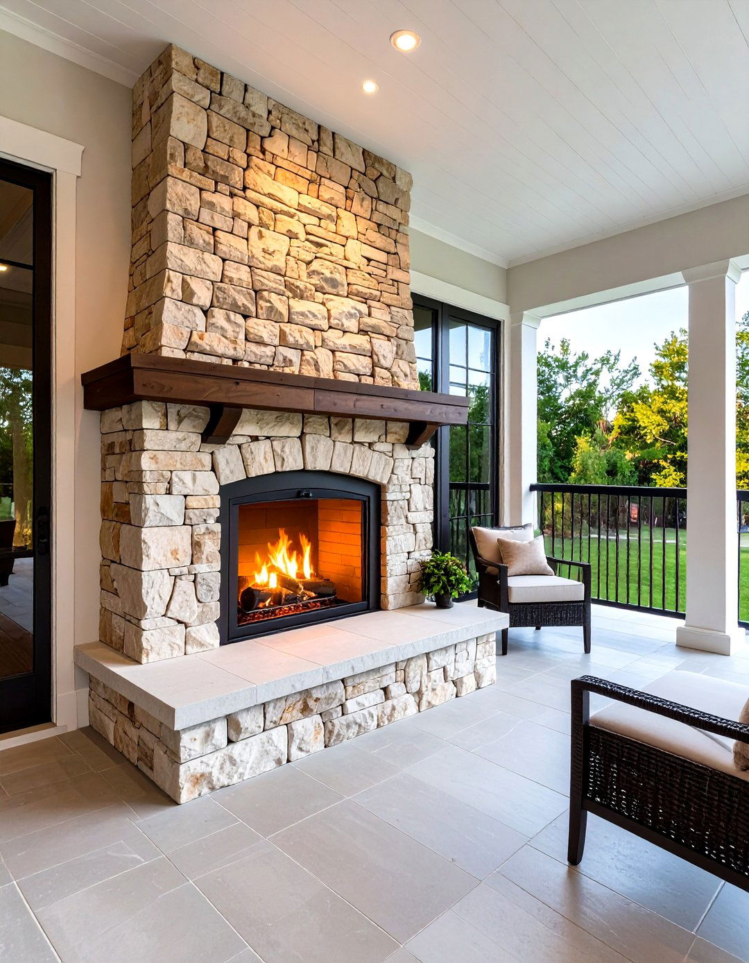 Indoor Outdoor Porch Fireplace with Double Sided Design - 20 Porch Fireplace Ideas