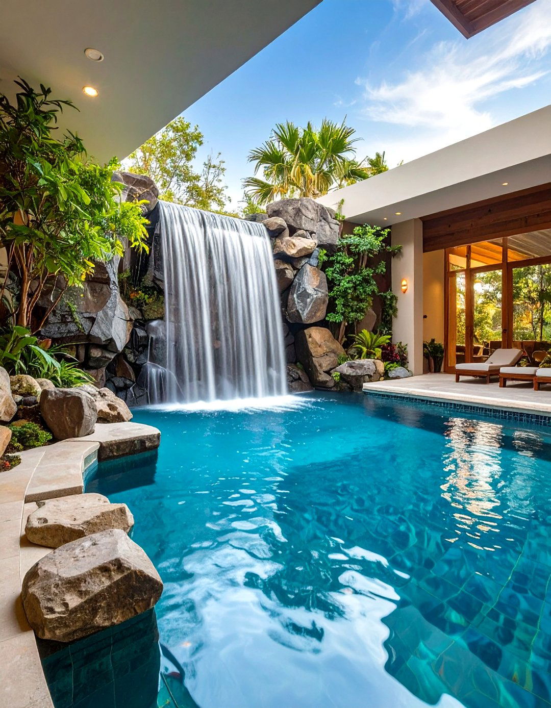 Indoor Pool Waterfall Feature Sensory Experience - 20 Indoor Pool Ideas