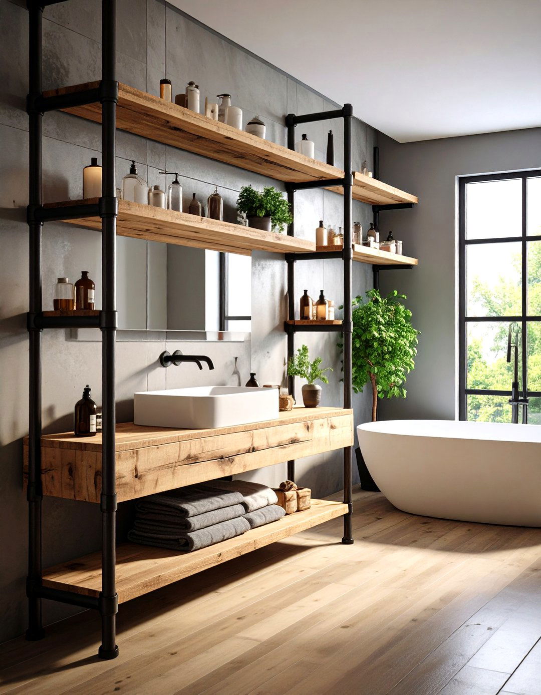 Industrial Bathroom Open Pipe Shelving System - 20 Industrial Bathroom Ideas