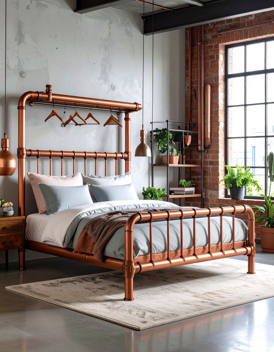 Industrial Bedroom Ideas with Copper Pipe Clothing Rack Systems - 20 Industrial Bedroom Ideas