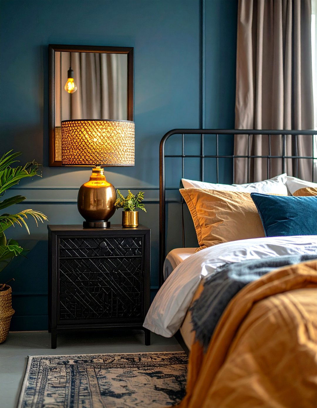 Industrial Black Metal Mirror Behind Nightstand Theme - 20 Mirror Behind Nightstand Design Ideas