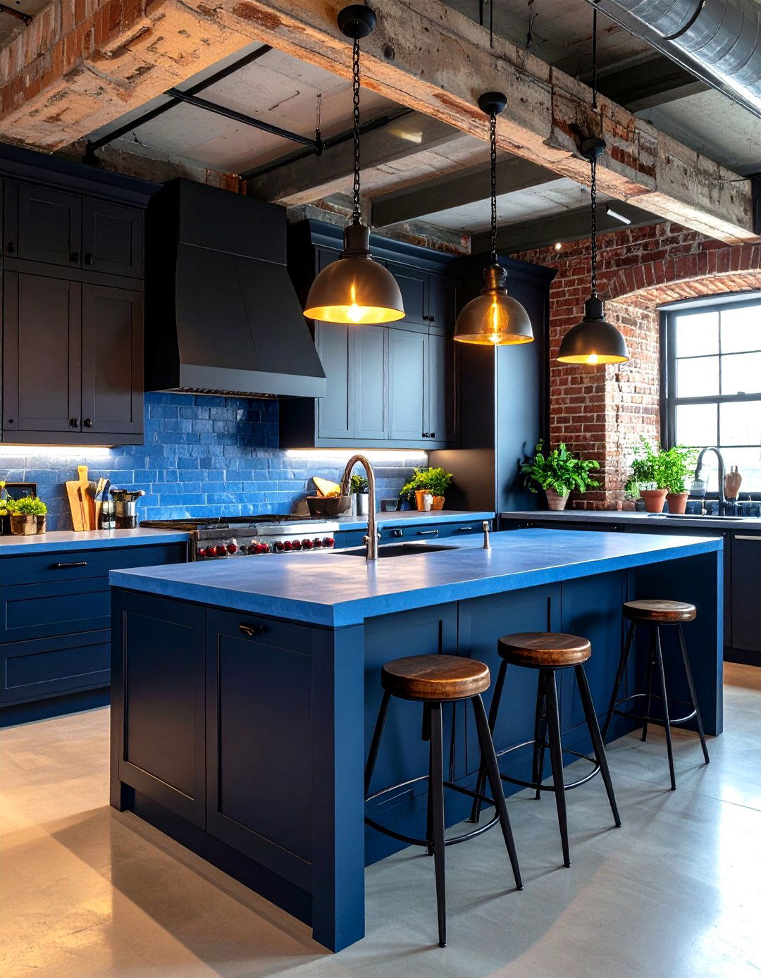 Industrial Blue Concrete Kitchen with Exposed Brick Accents - 20 kitchens with blue countertops
