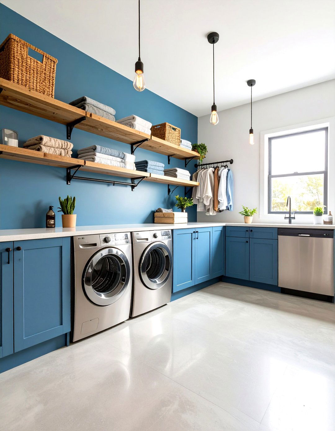 Industrial Blue Laundry Room with Metal Accent Features - 20 Blue Laundry Room Ideas