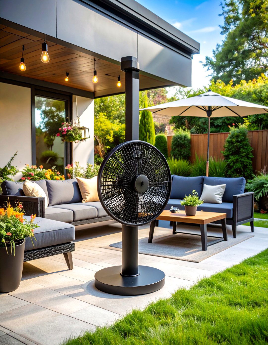 Industrial Caged Patio Fan with Matte Black Framework - 20 Patio Fan Ideas