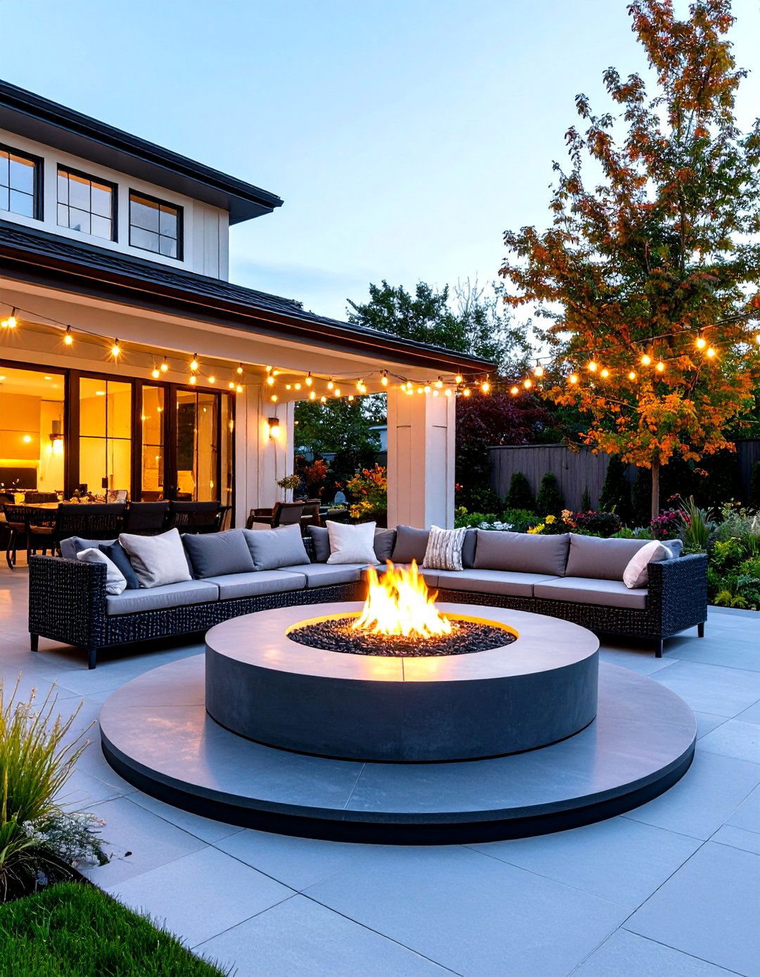 Industrial Charcoal Stamped Concrete Patio with Steel Ring Fire Pit - 20 stamped concrete patio with fire pit ideas