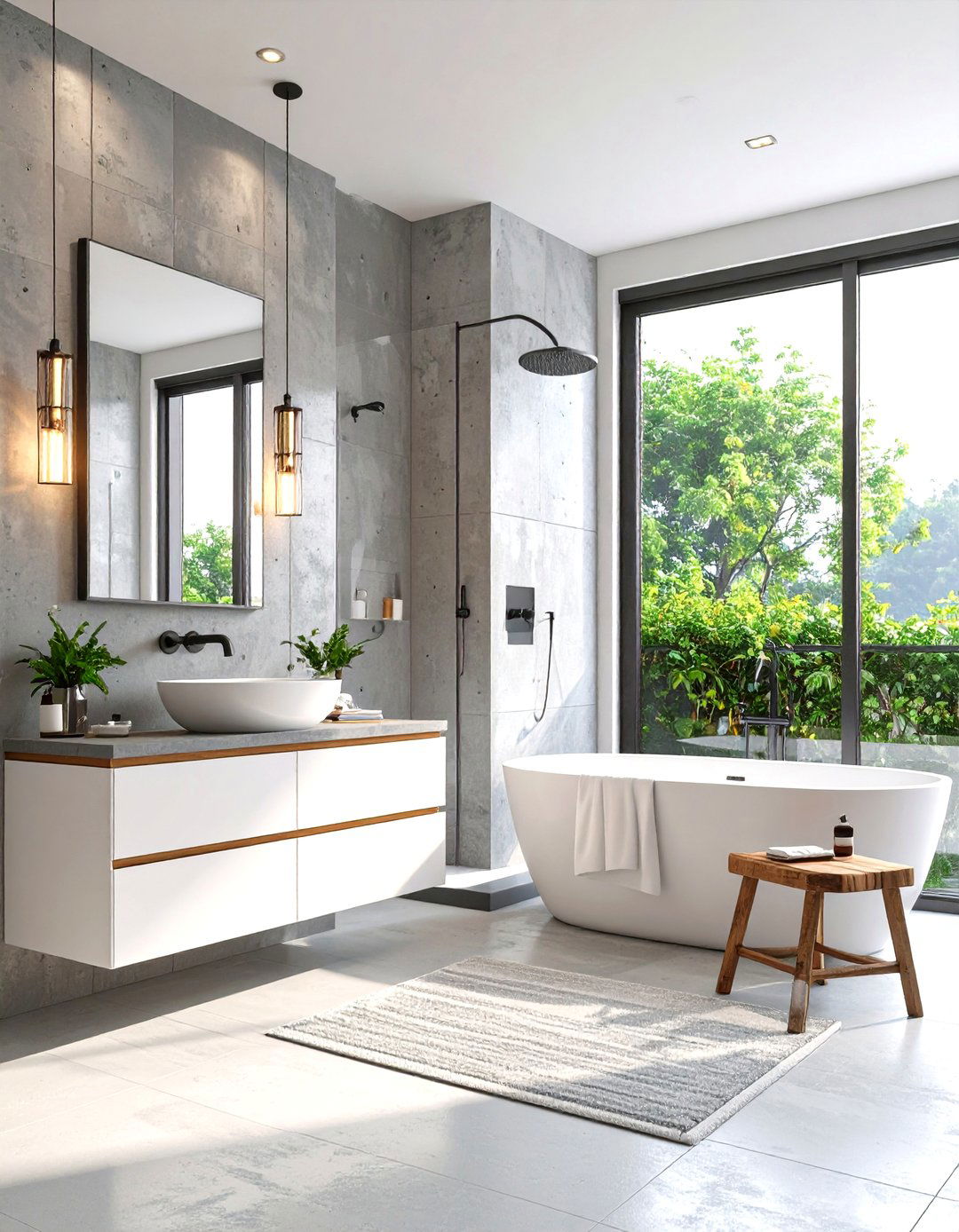 Industrial Chic Grey and White Bathroom with Concrete Accents - 20 Grey and White Bathroom Ideas