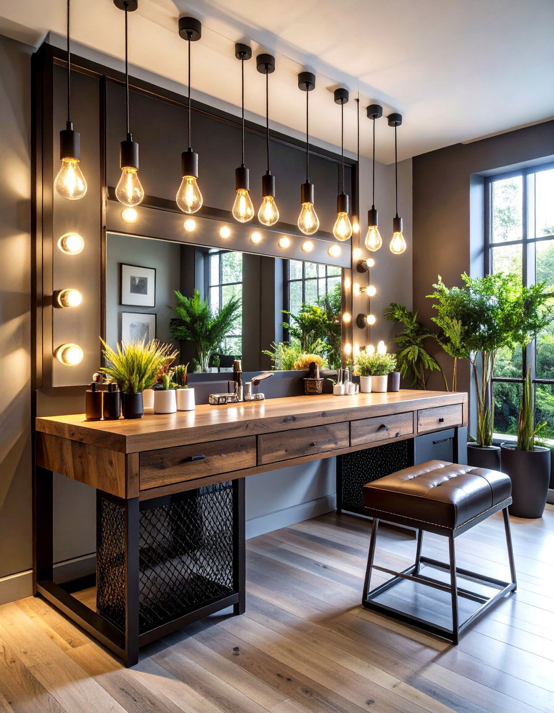 Industrial Chic Makeup Room with Metal Accents - 20 Makeup Room Ideas