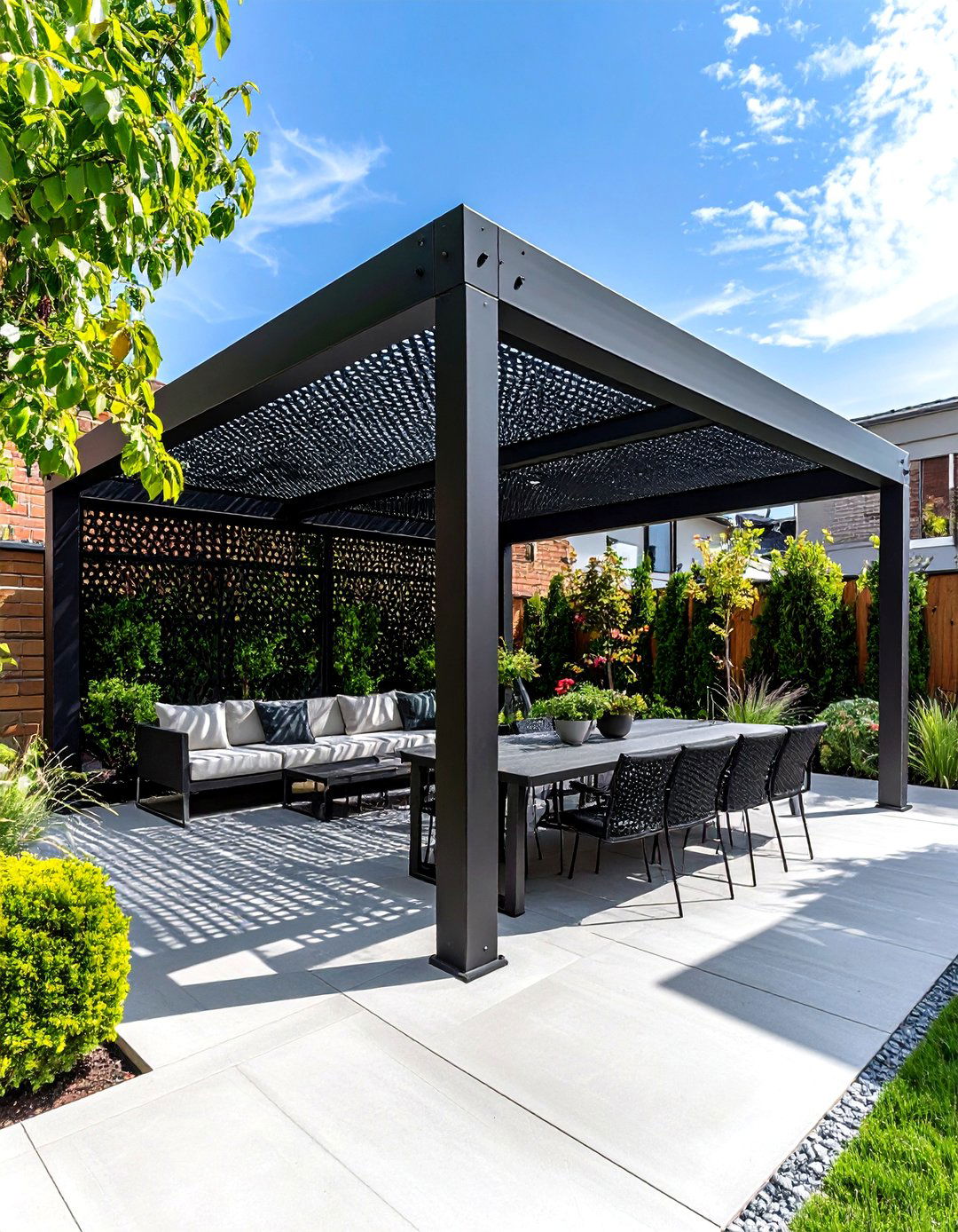 Industrial Chic Patio Pergola with Metal Mesh Screens - 20 Patio Pergola Ideas