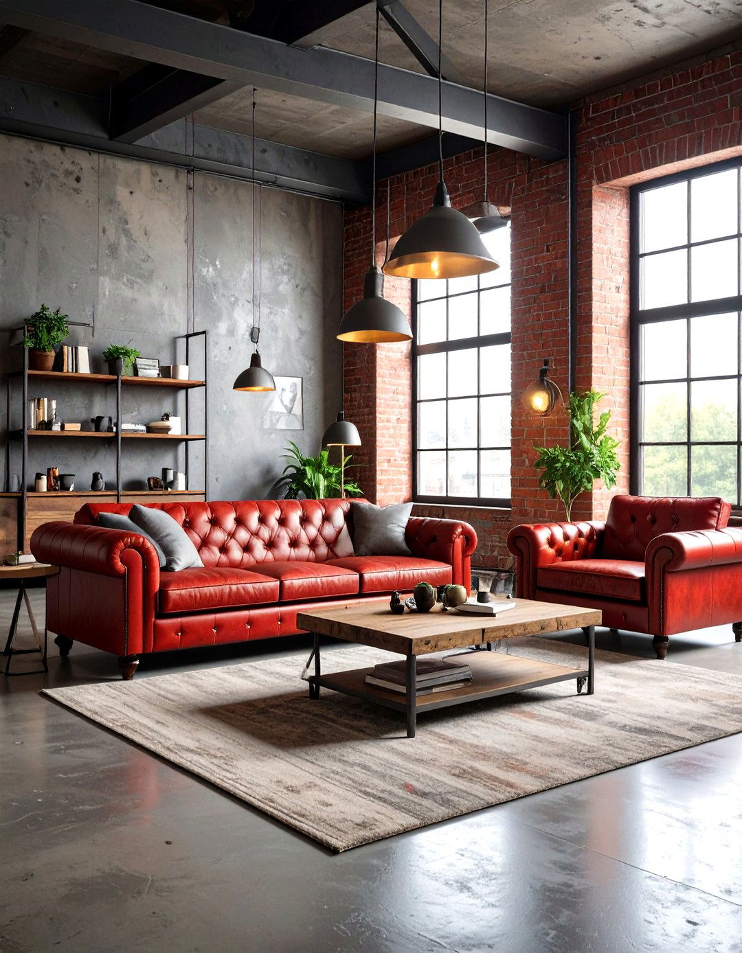 Industrial Chic Red and Grey Living Room with Exposed Elements - 20 Red and Grey Living Room Ideas