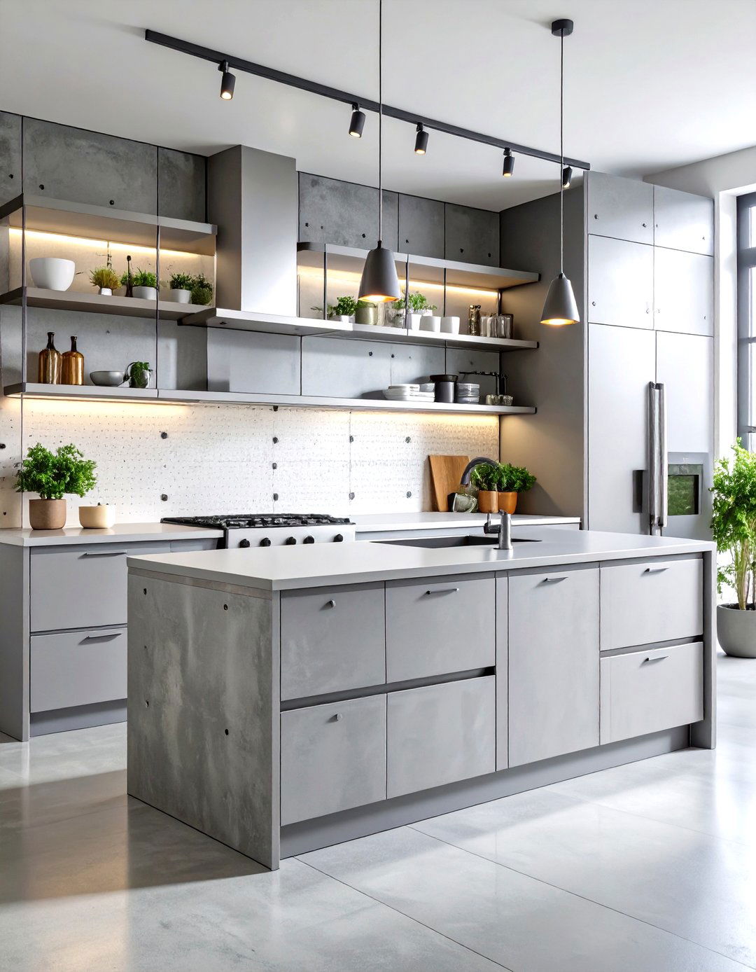Industrial Concrete Grey Kitchen with White Steel Shelving - 20 Grey and White Kitchen Designs