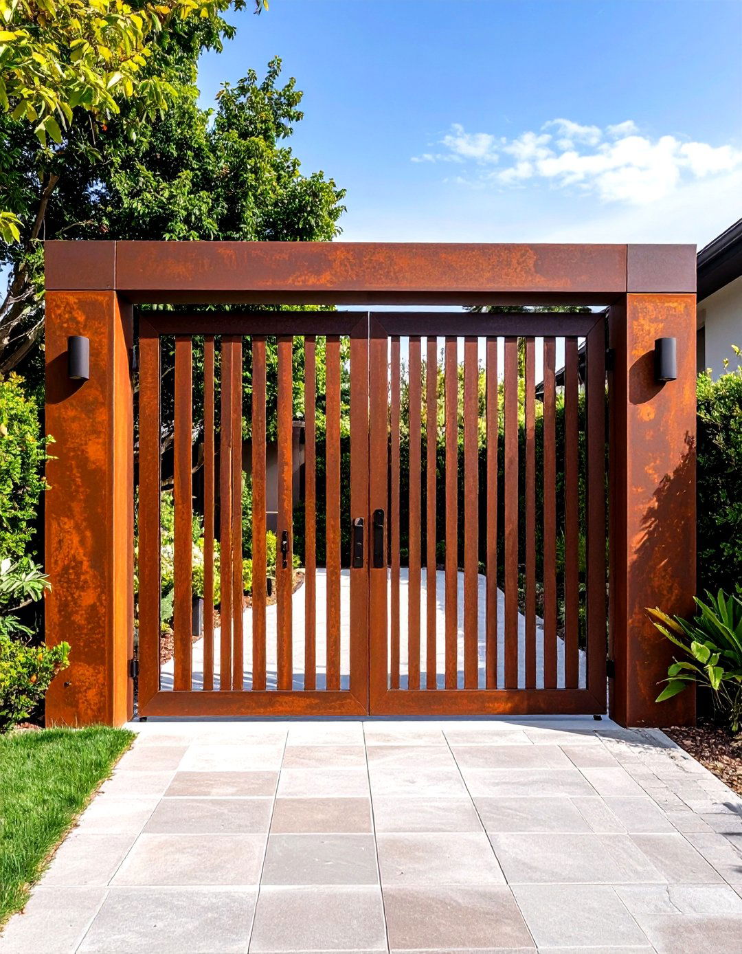 Industrial Corten Steel Metal Garden Gate with Weathered Finish - 20 Metal Garden Gate Ideas