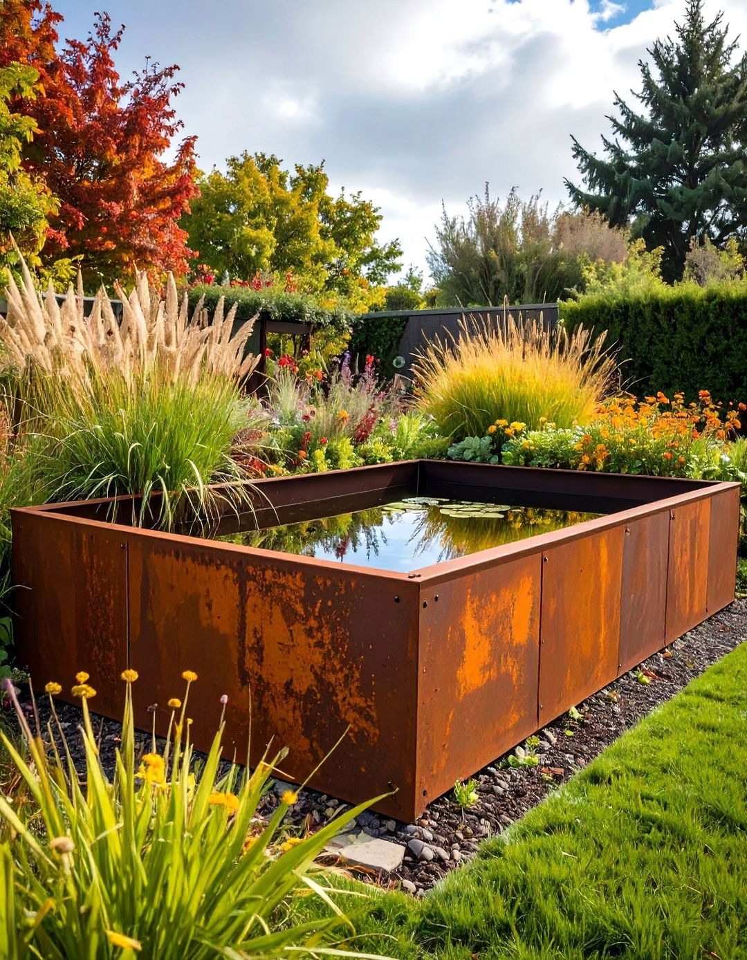 Industrial Corten Steel Raised Garden Pond with Weathered Patina - 20 Raised Garden Pond Ideas
