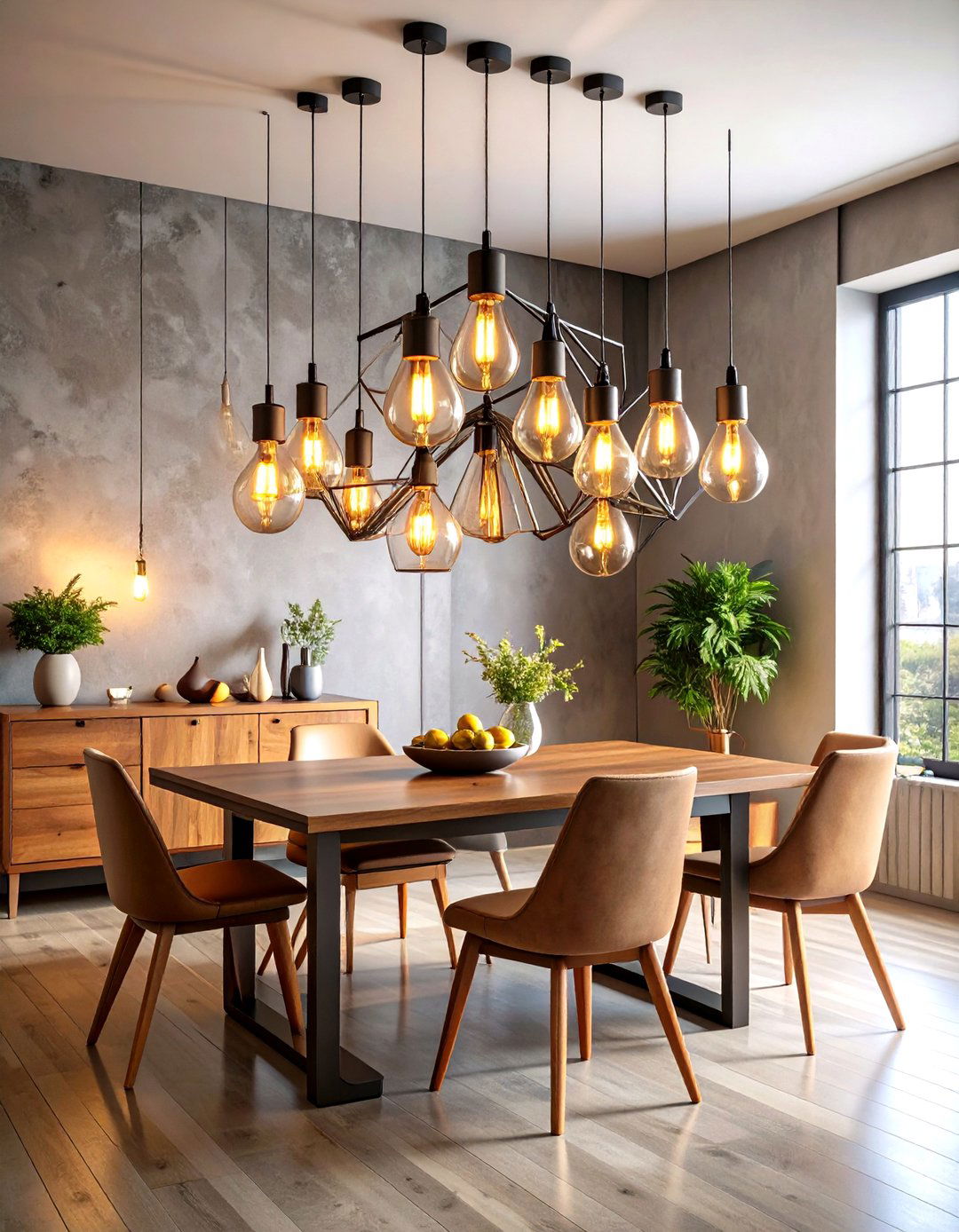 Industrial Dining Room with Edison Bulb Chandelier - 20 Industrial Dining Room Ideas