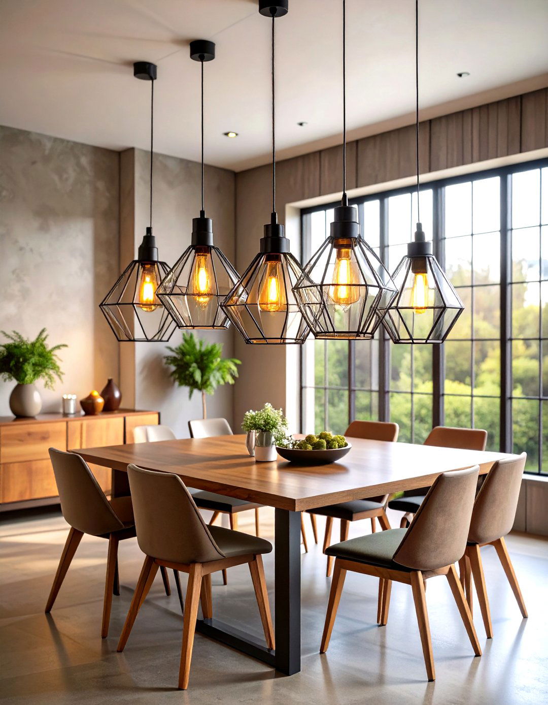 Industrial Dining Room with Glass and Metal Pendant Lighting - 20 Industrial Dining Room Ideas