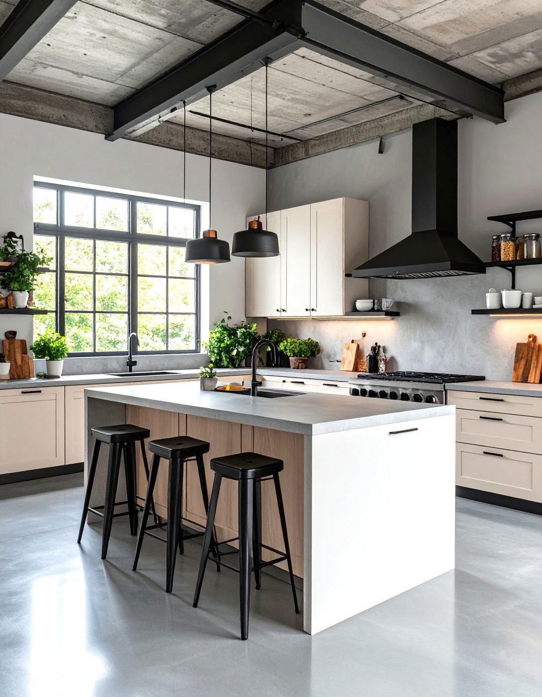 Industrial Edge Off white Cabinets and Concrete Counters - 25 Off-white Kitchen Cabinets