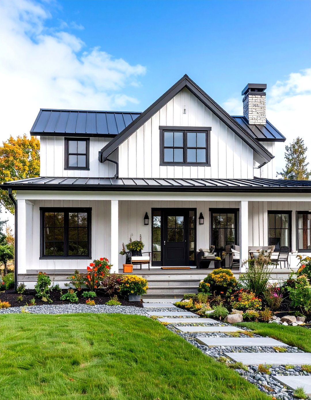 Industrial Elements White Farmhouse With Black Windows Theme - 20 White Farmhouse With Black Windows Ideas