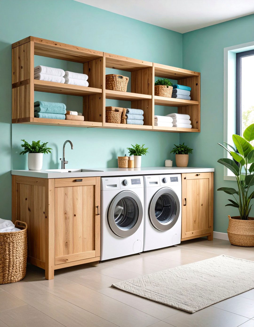 Industrial Farmhouse Laundry Room Shelving with Metal Pipe Brackets - 20 Laundry Room Shelving Ideas